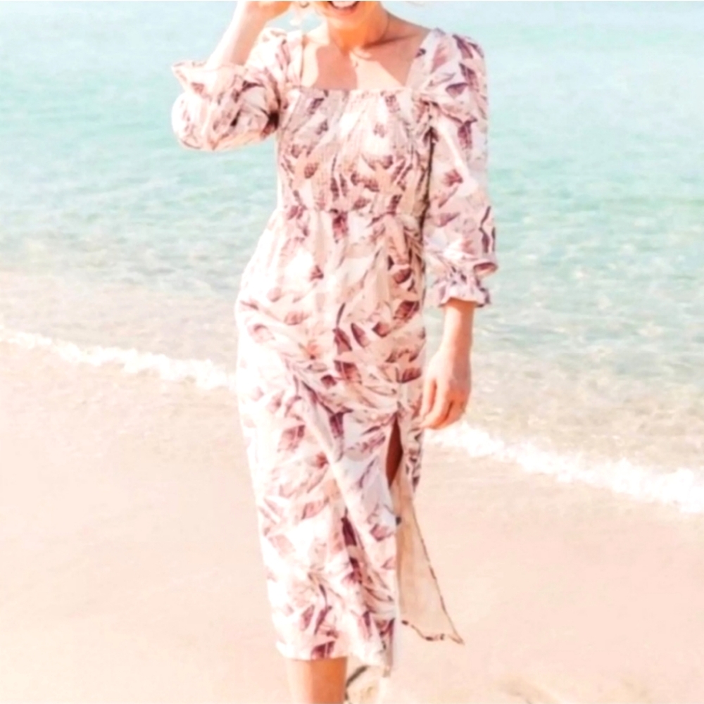 NWT House of Harlow 1960 Tropical Print Linen Midi Dress, size XS